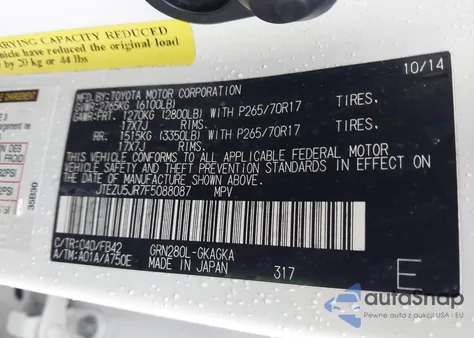 2015 Toyota 4Runner Sr5 z USA, uszkodzony, nr VIN JTEZU5JR7F5088087